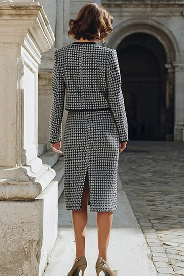 2 Piece Grey Mix Pencil Tweed Single Breasted Midi Work Dress